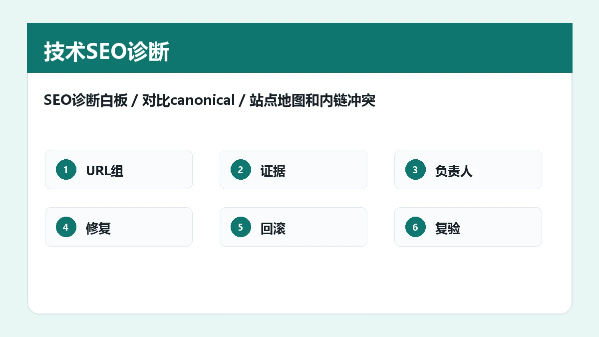 SEO诊断白板，对比canonical、站点地图和内链冲突