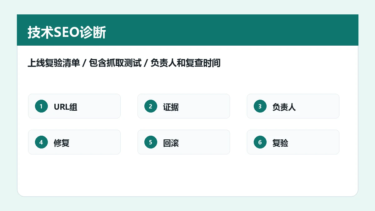 上线复验清单，包含抓取测试、负责人和复查时间