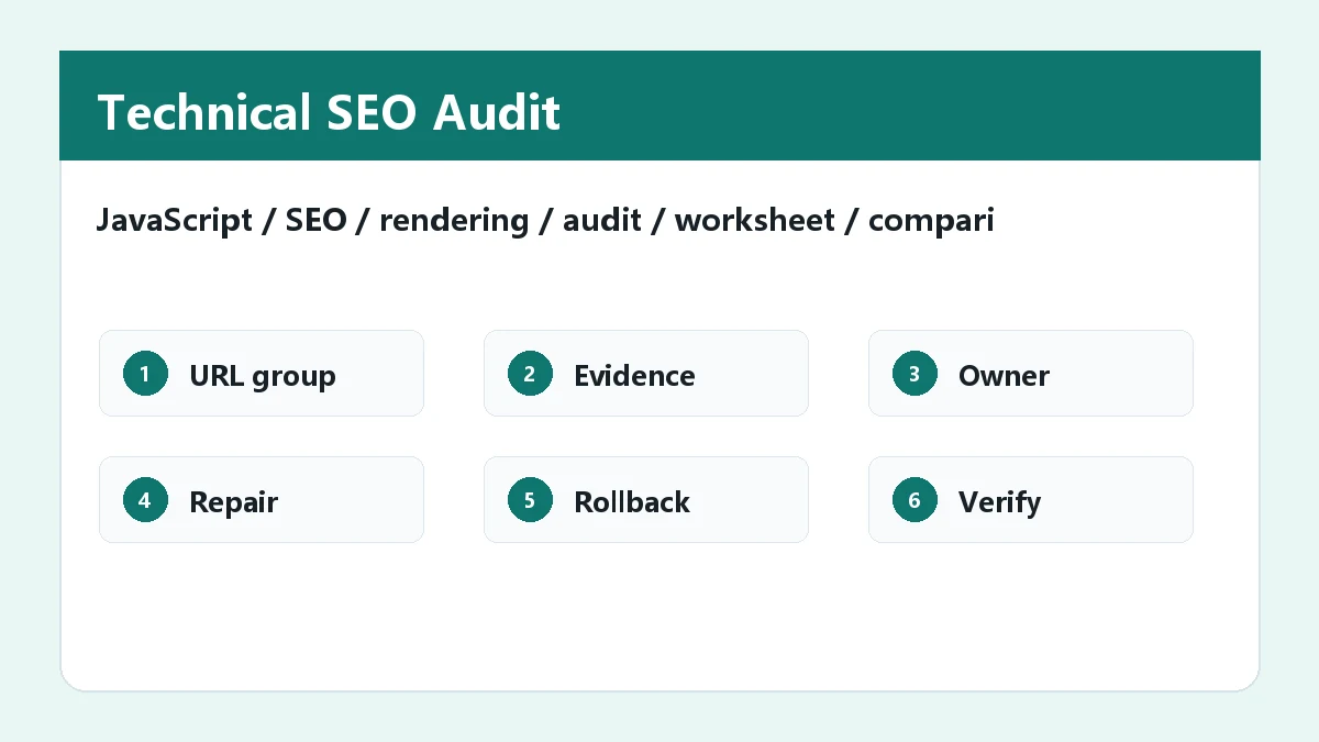 JavaScript SEO rendering audit worksheet comparing HTML DOM links and canonical