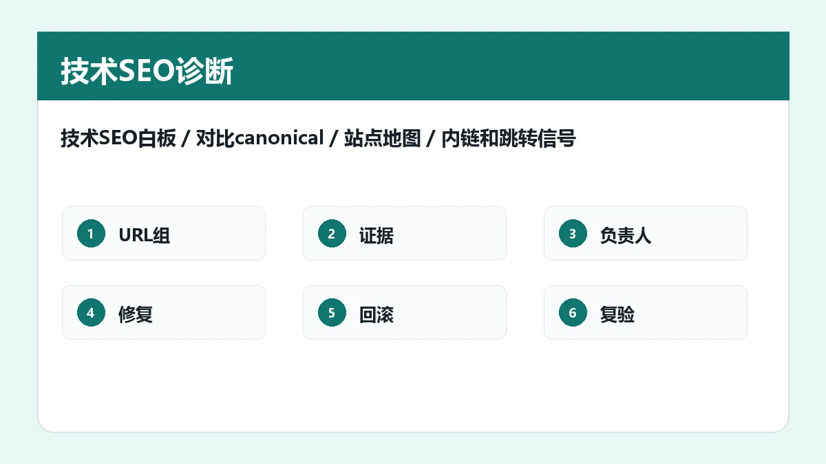 技术SEO白板，对比canonical、站点地图、内链和跳转信号