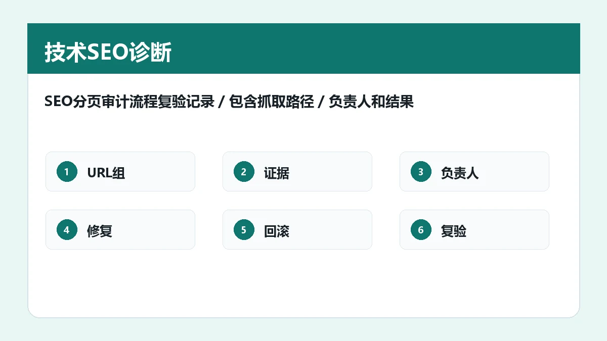 SEO分页审计流程复验记录,包含抓取路径、负责人和结果