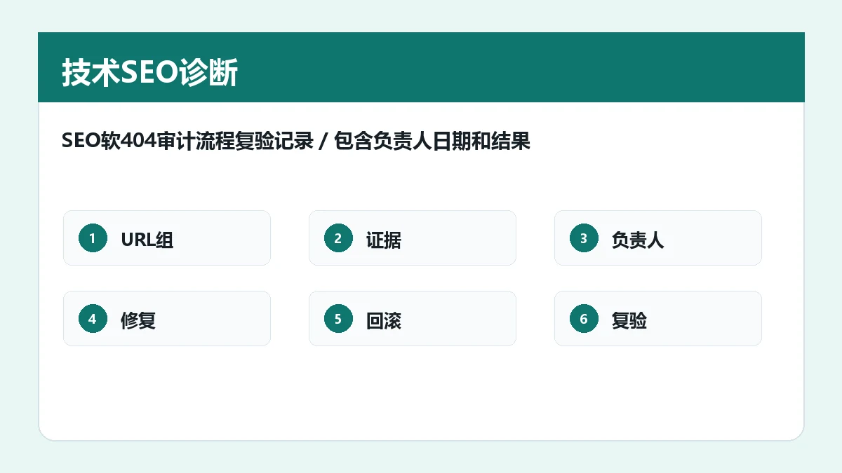 SEO软404审计流程复验记录,包含负责人日期和结果