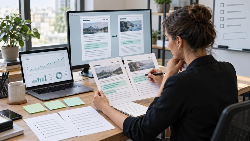 SEO strategist comparing two overlapping page drafts beside analytics screens