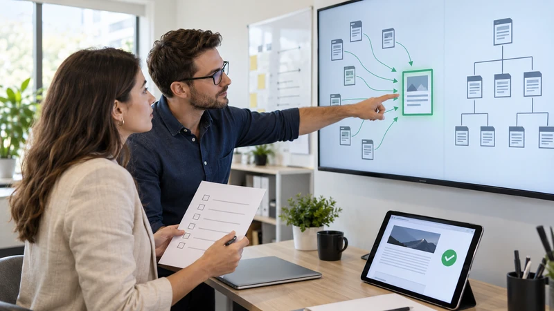 Marketing team verifying inbound links, sitemap structure, and the consolidated destination page