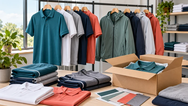 AI场景示意：服装样品、面料色卡与出口包装，非客户实际现场